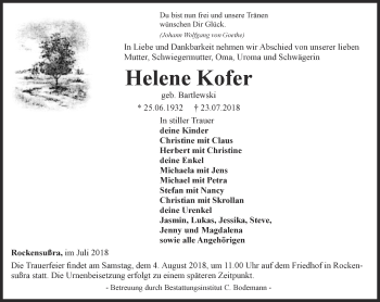 Traueranzeige von Helene Kofer von Thüringer Allgemeine