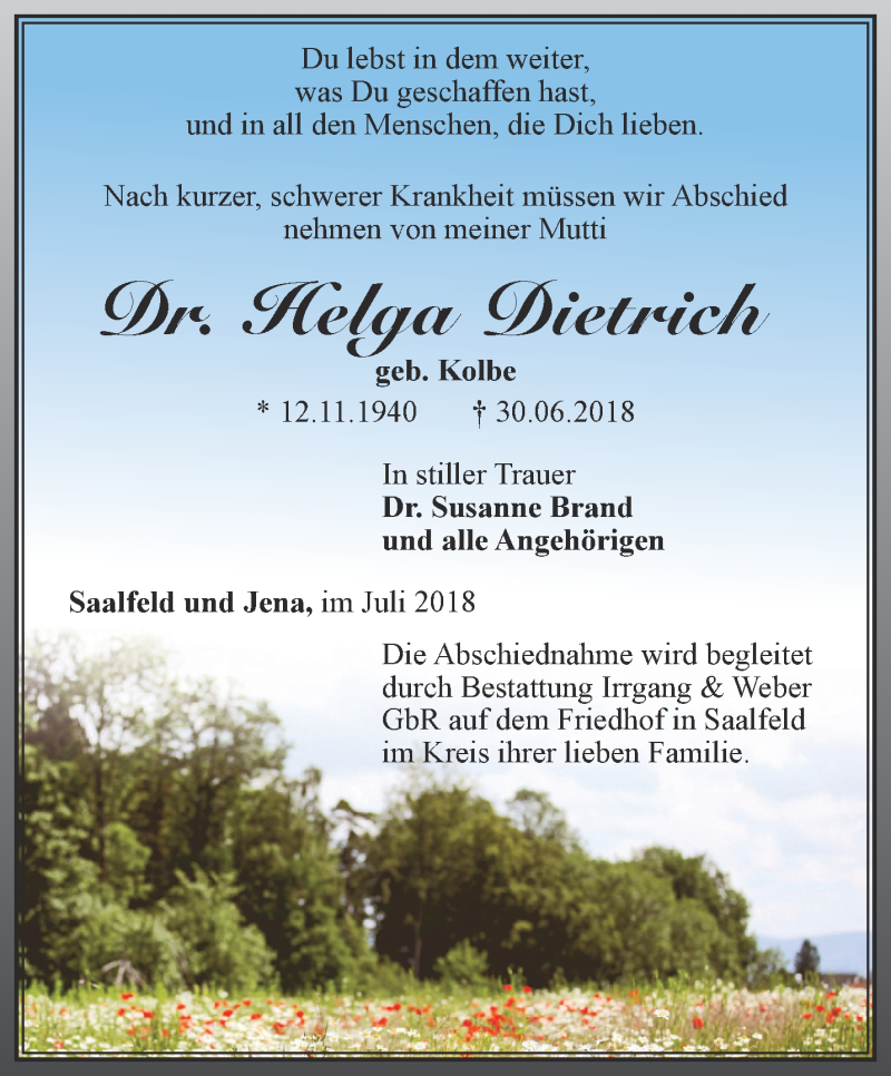  Traueranzeige für Helga Dietrich vom 07.07.2018 aus Ostthüringer Zeitung, Thüringische Landeszeitung