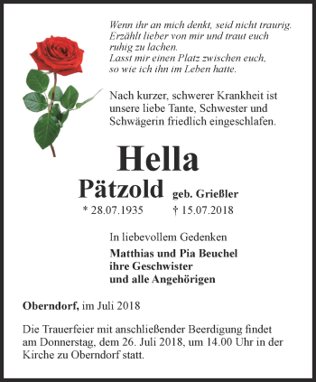 Traueranzeige von Hella Pätzold von Ostthüringer Zeitung