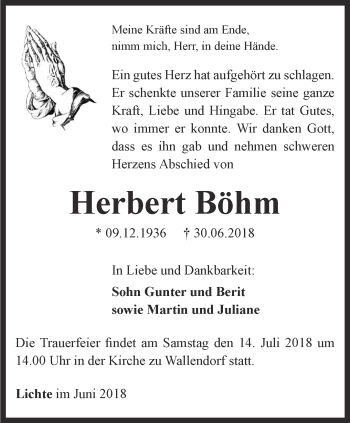 Traueranzeige von Herbert Böhm von Ostthüringer Zeitung