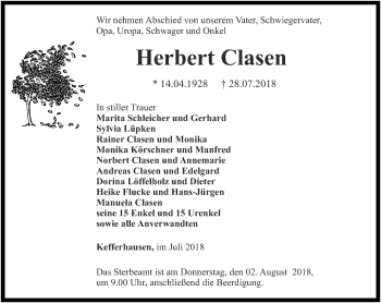 Traueranzeige von Herbert Clasen von Thüringer Allgemeine