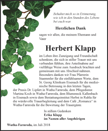 Traueranzeige von Herbert Klapp von Thüringer Allgemeine, Thüringische Landeszeitung