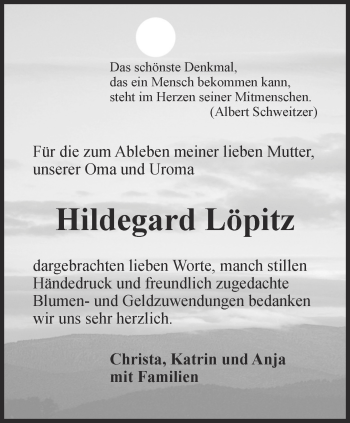 Traueranzeige von Hildegard Löpitz von Ostthüringer Zeitung