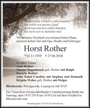 Traueranzeige von Horst Rother von Thüringer Allgemeine