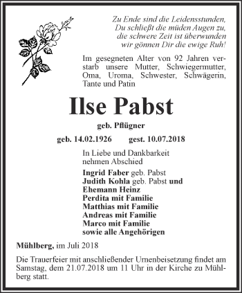 Traueranzeige von Ilse Pabst von Ostthüringer Zeitung, Thüringische Landeszeitung
