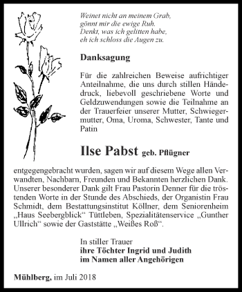 Traueranzeige von Ilse Pabst von Ostthüringer Zeitung, Thüringische Landeszeitung