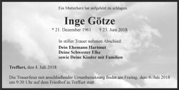 Traueranzeige von Inge Götze von Thüringer Allgemeine, Thüringische Landeszeitung