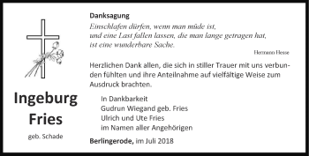 Traueranzeige von Ingeburg Fries von Thüringer Allgemeine