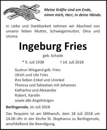 Traueranzeige von Ingeburg Fries von Thüringer Allgemeine