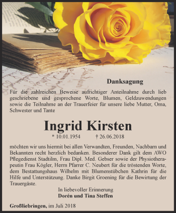 Traueranzeige von Ingrid Kirsten von Thüringer Allgemeine