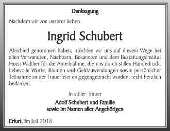 Traueranzeige von Ingrid Schubert von Thüringer Allgemeine, Thüringische Landeszeitung