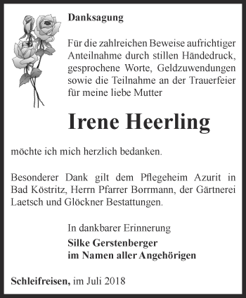 Traueranzeige von Irene Heerling von Ostthüringer Zeitung