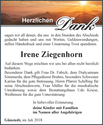 Traueranzeige von Irene Ziegenhorn von Thüringer Allgemeine
