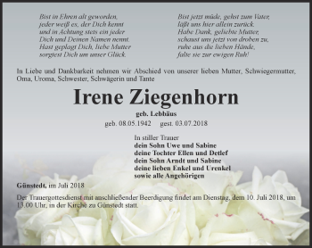 Traueranzeige von Irene Ziegenhorn von Thüringer Allgemeine