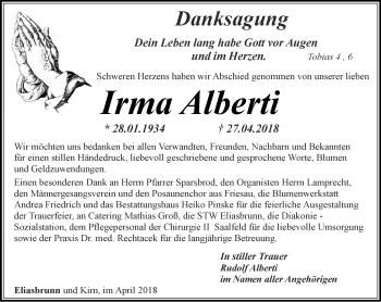 Traueranzeige von Irma Alberti von Ostthüringer Zeitung