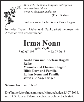 Traueranzeige von Irma Nonn von Ostthüringer Zeitung, Thüringische Landeszeitung