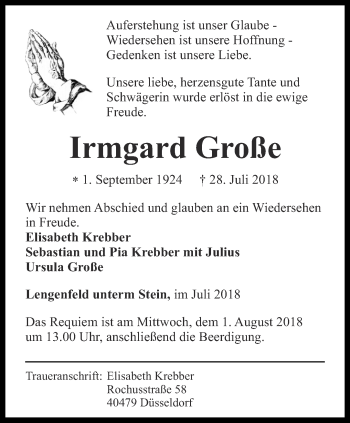 Traueranzeige von Irmgard Große von Thüringer Allgemeine, Thüringische Landeszeitung