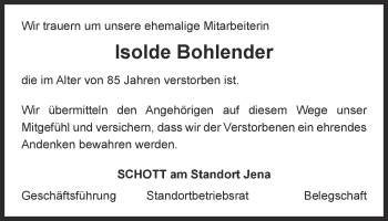Traueranzeige von Isolde Bohlender von Ostthüringer Zeitung, Thüringische Landeszeitung