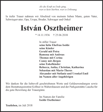 Traueranzeige von Istvan Osztheimer von Ostthüringer Zeitung, Thüringische Landeszeitung