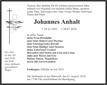 Traueranzeige von Johannes Anhalt von Thüringer Allgemeine, Thüringische Landeszeitung