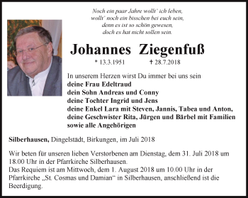 Traueranzeige von Johannes Ziegenfuß von Thüringer Allgemeine