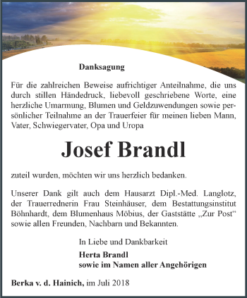 Traueranzeige von Josef Brandl von Thüringer Allgemeine, Thüringische Landeszeitung