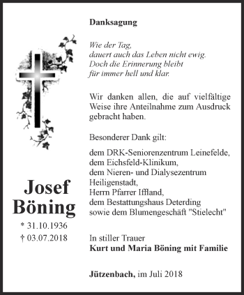 Traueranzeige von Josef Böning von Thüringer Allgemeine