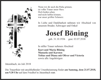 Traueranzeige von Josef Böning von Thüringer Allgemeine