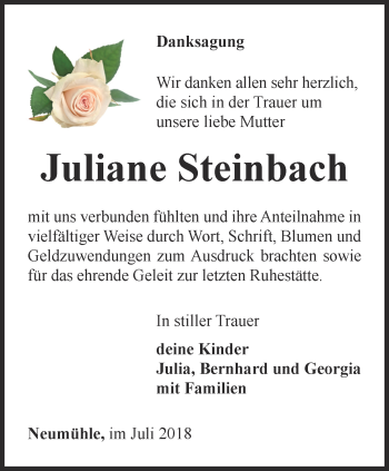 Traueranzeige von Juliane Steinbach von Ostthüringer Zeitung