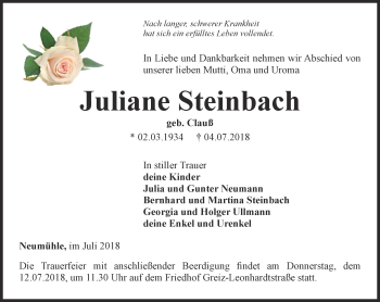 Traueranzeige von Juliane Steinbach von Ostthüringer Zeitung