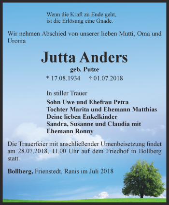 Traueranzeige von Jutta Anders von Ostthüringer Zeitung