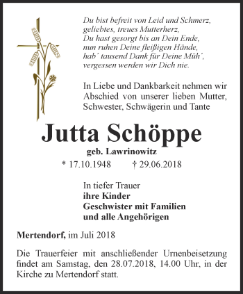 Traueranzeige von Jutta Schöppe von Ostthüringer Zeitung