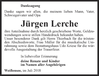 Traueranzeige von Jürgen Lerche von Thüringer Allgemeine