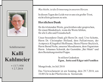 Traueranzeige von Kalli Kahlmeier von Thüringer Allgemeine