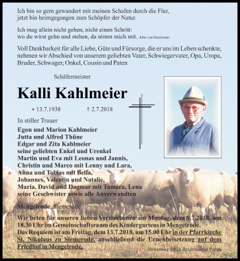 Traueranzeige von Kalli Kahlmeier von Thüringer Allgemeine