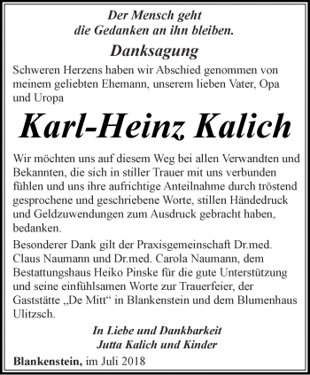 Traueranzeige von Karl-Heinz Kalich von Ostthüringer Zeitung