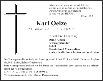 Traueranzeige von Karl Oelze von Thüringer Allgemeine, Thüringische Landeszeitung