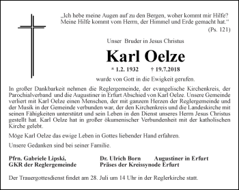 Traueranzeige von Karl Oelze von Thüringer Allgemeine, Thüringische Landeszeitung