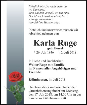 Traueranzeige von Karla Ruge von Thüringer Allgemeine, Thüringische Landeszeitung