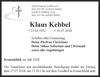 Traueranzeige von Klaus Kebbel von Thüringer Allgemeine, Thüringische Landeszeitung