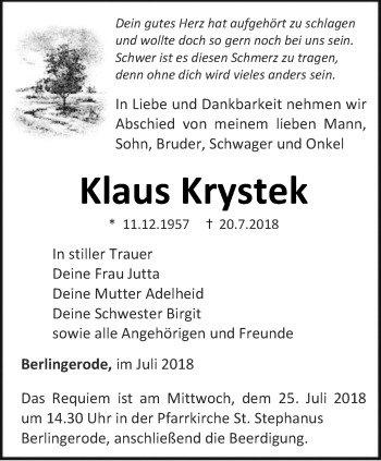 Traueranzeige von Klaus Krystek von Thüringer Allgemeine