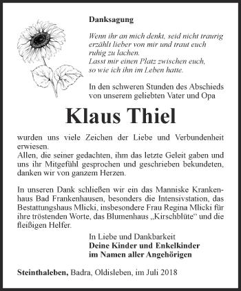 Traueranzeige von Klaus Thiel von Thüringer Allgemeine