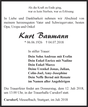 Traueranzeige von Kurt Baumann von Ostthüringer Zeitung