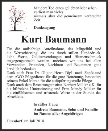 Traueranzeige von Kurt Baumann von Ostthüringer Zeitung