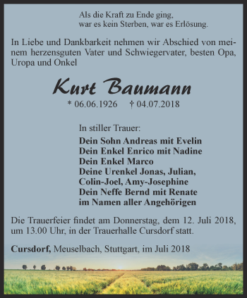 Traueranzeige von Kurt Baumann von Ostthüringer Zeitung