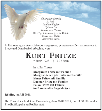 Traueranzeige von Kurt Fritze von Ostthüringer Zeitung