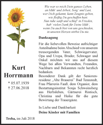 Traueranzeige von Kurt Horrmann von Thüringer Allgemeine