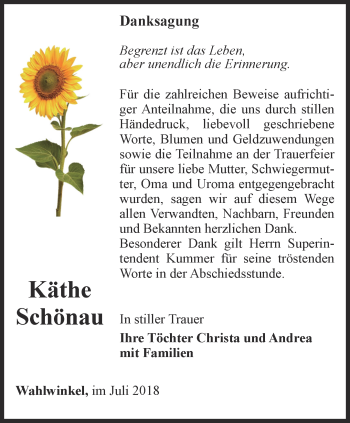 Traueranzeige von Käthe Schönau von Ostthüringer Zeitung, Thüringische Landeszeitung