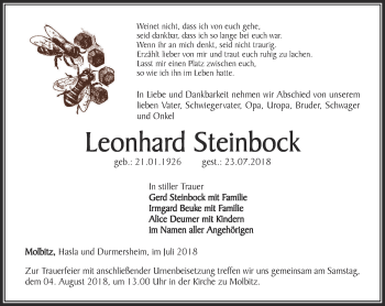 Traueranzeige von Leonhard Steinbock von Ostthüringer Zeitung