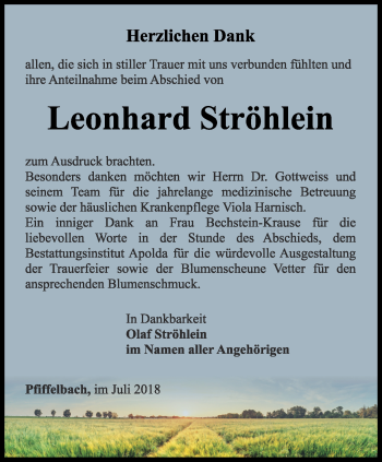 Traueranzeige von Leonhard Ströhlein von Thüringer Allgemeine, Thüringische Landeszeitung